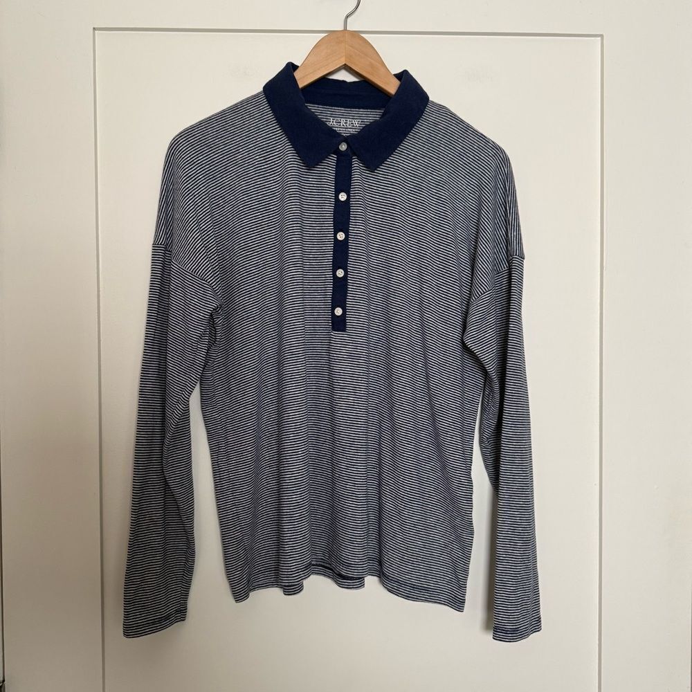 J Crew Polo Shirt Stretch Linen Womens Sz M Blue Striped Relaxed Fit Nautical